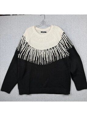Fashion Nova Men Radiant Crewneck Sweater Black White Intarsia Knit Fringe Large